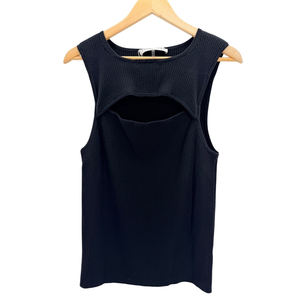 Trina Turk Ribbed Knit Cutout Tank Top Black Sleeveless XL Cotton Minimalist